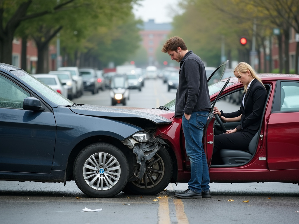 Minor road traffic accident aftermath with involved parties inspecting damage
