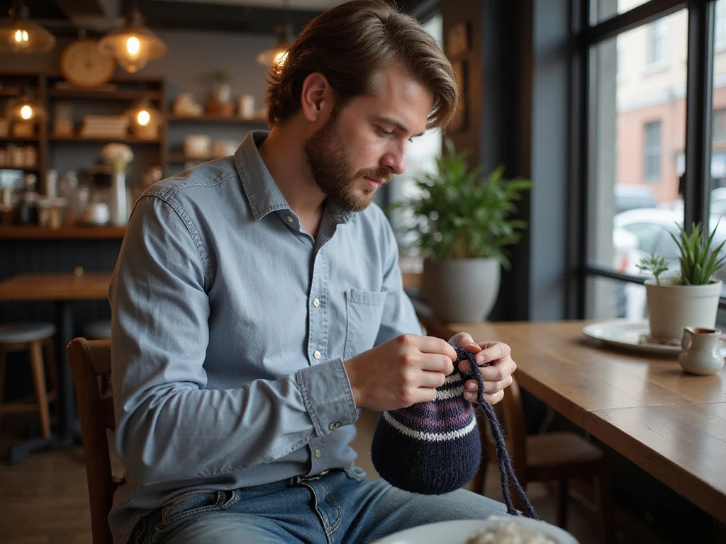 Man knitting a patterned yarmulke in a trendy setting