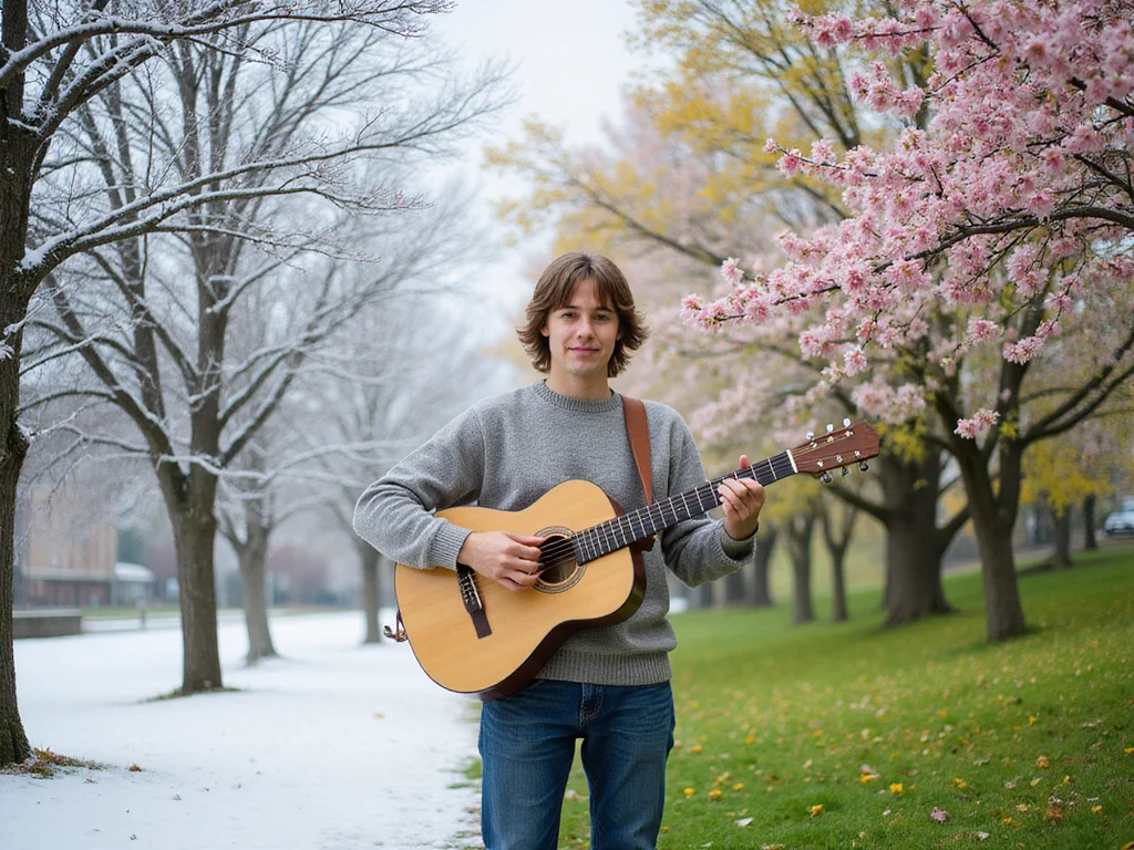 Transition from winter to spring with guitar chords learning theme.