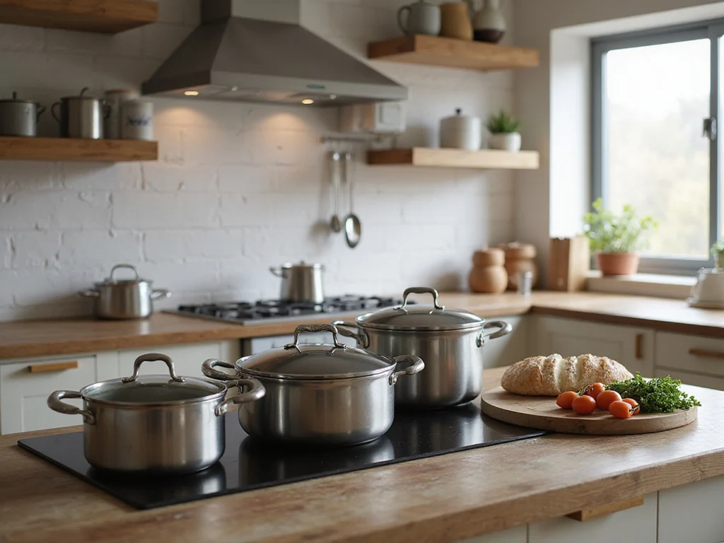 Western kitchen with stove top and oven safe pots displayed