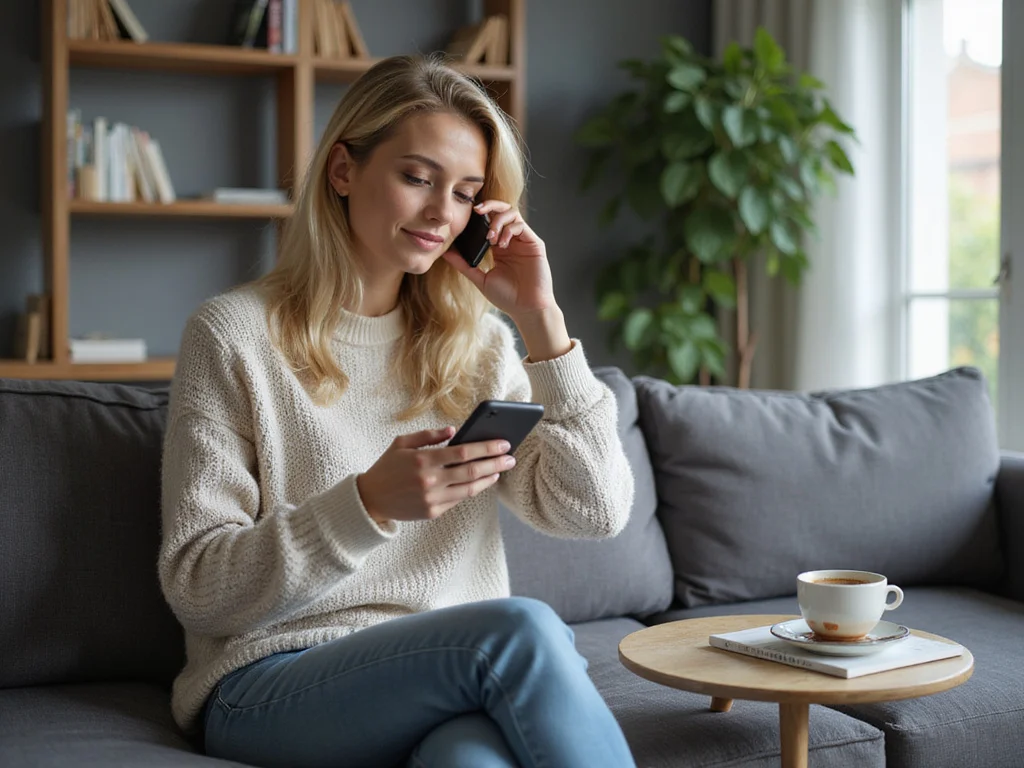 Blonde woman listening to voicemail on smartphone in living room