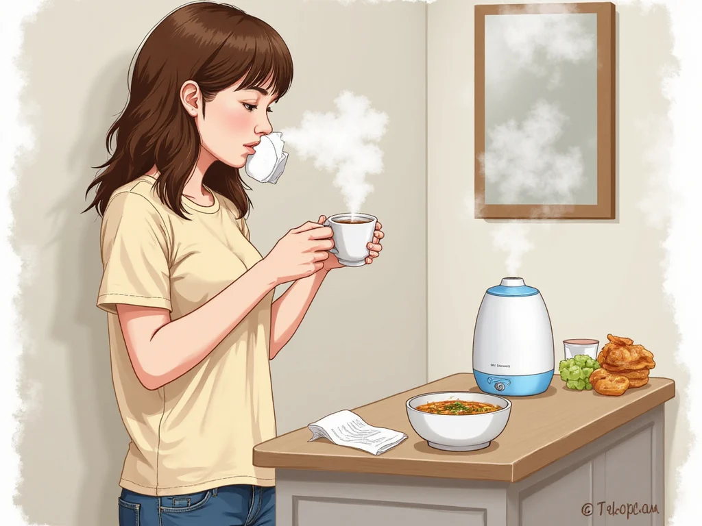 Person relieving stuffy nose at home with hot tea and saline spray