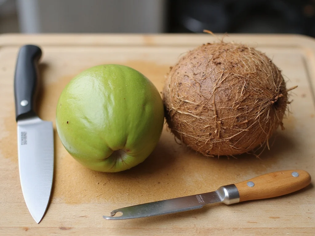 Tutorial on איך פותחים קוקוס with kitchen tools and cutting board