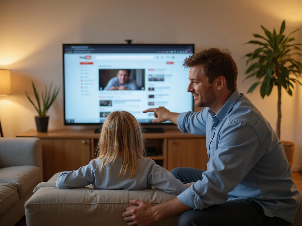 Parent guiding child in opening a YouTube channel with parental controls