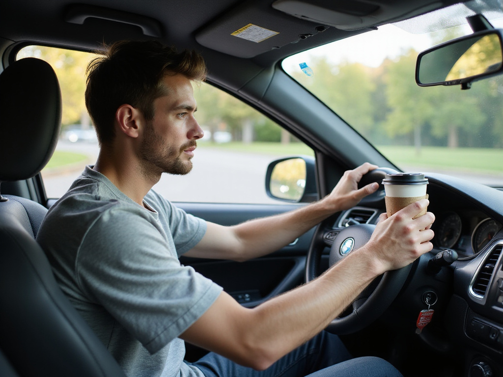 Caucasian male overcoming driving fatigue with fresh air and coffee