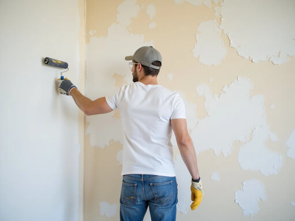 Person applying fresh paint on a previously peeling wall