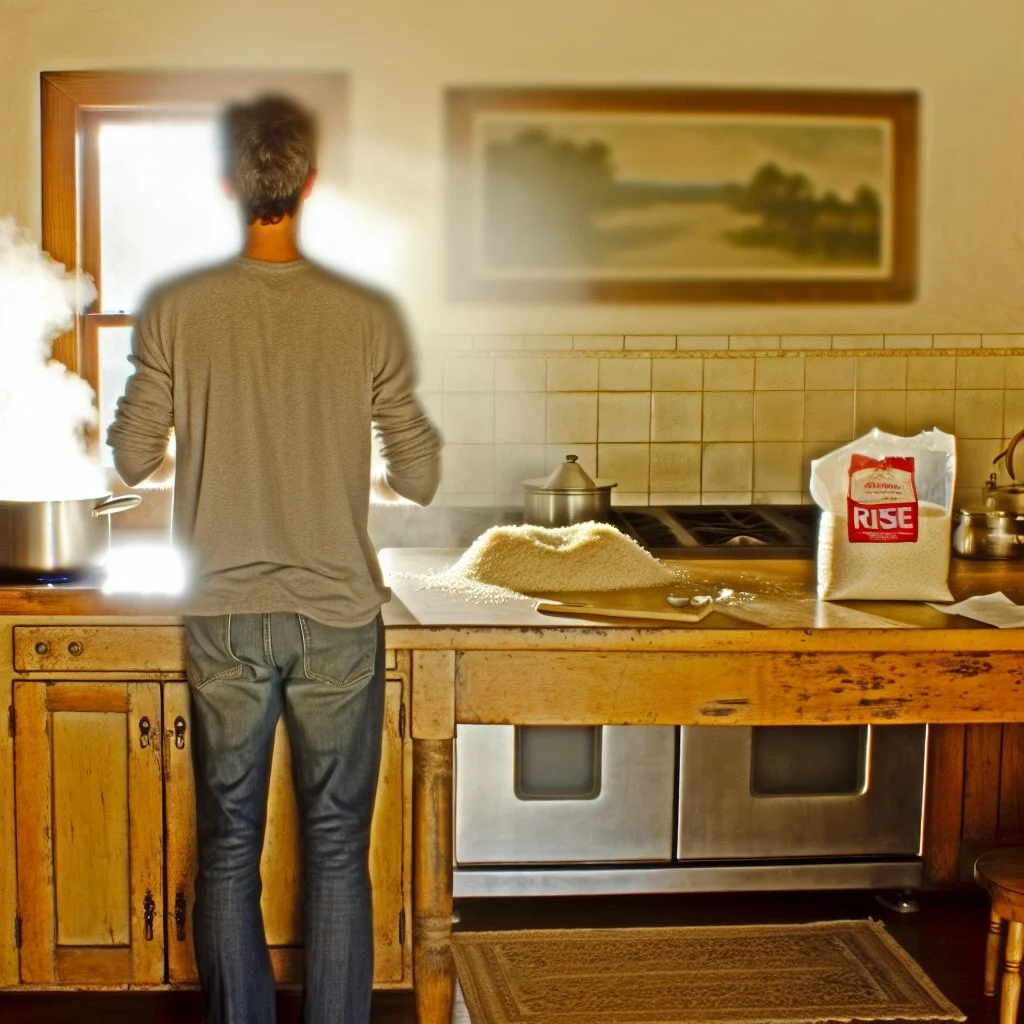 Person in a Western-style kitchen cooking rice