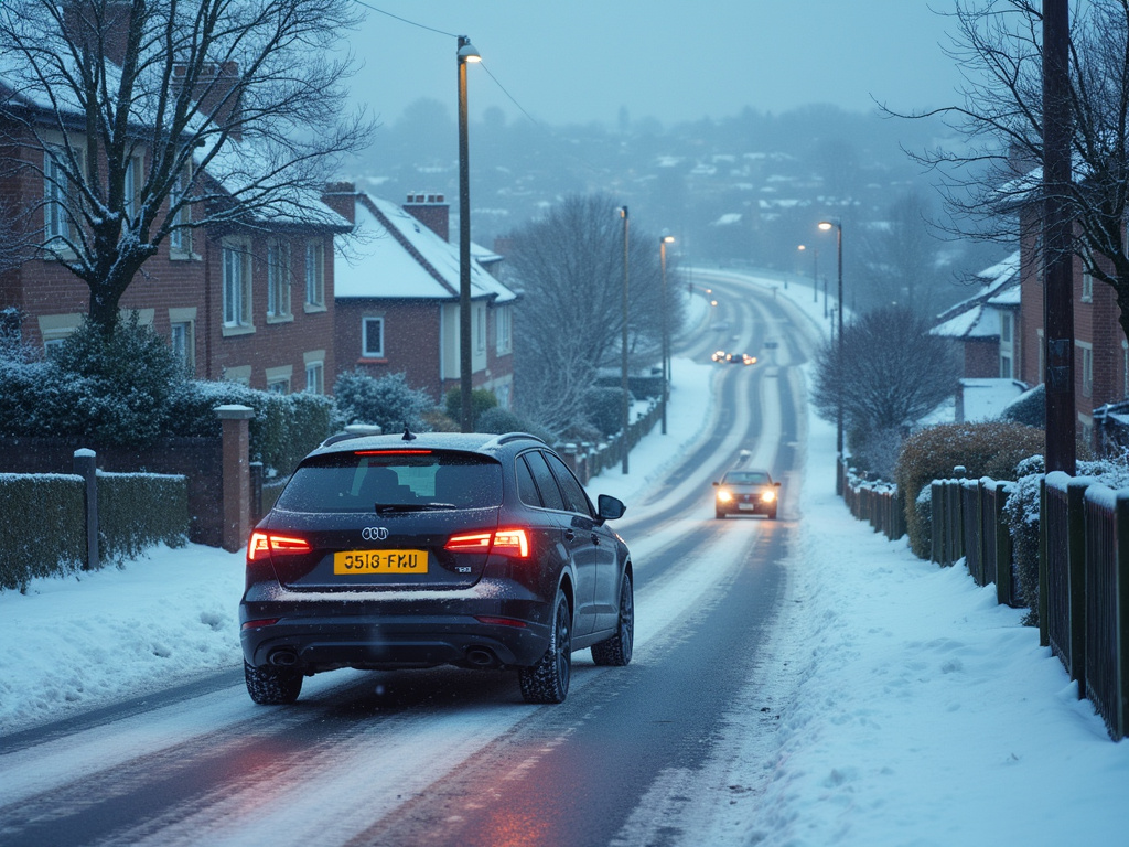 Car cautiously navigating icy slippery suburban road in winter