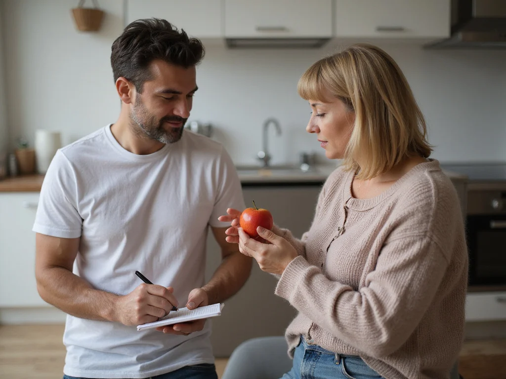 Couple discussing how to prevent heart attacks with heart-shaped fruit