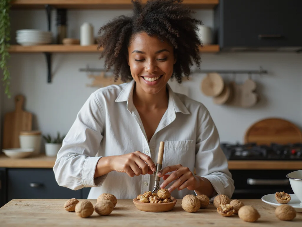 Person cracking walnuts effortlessly in a modern western kitchen