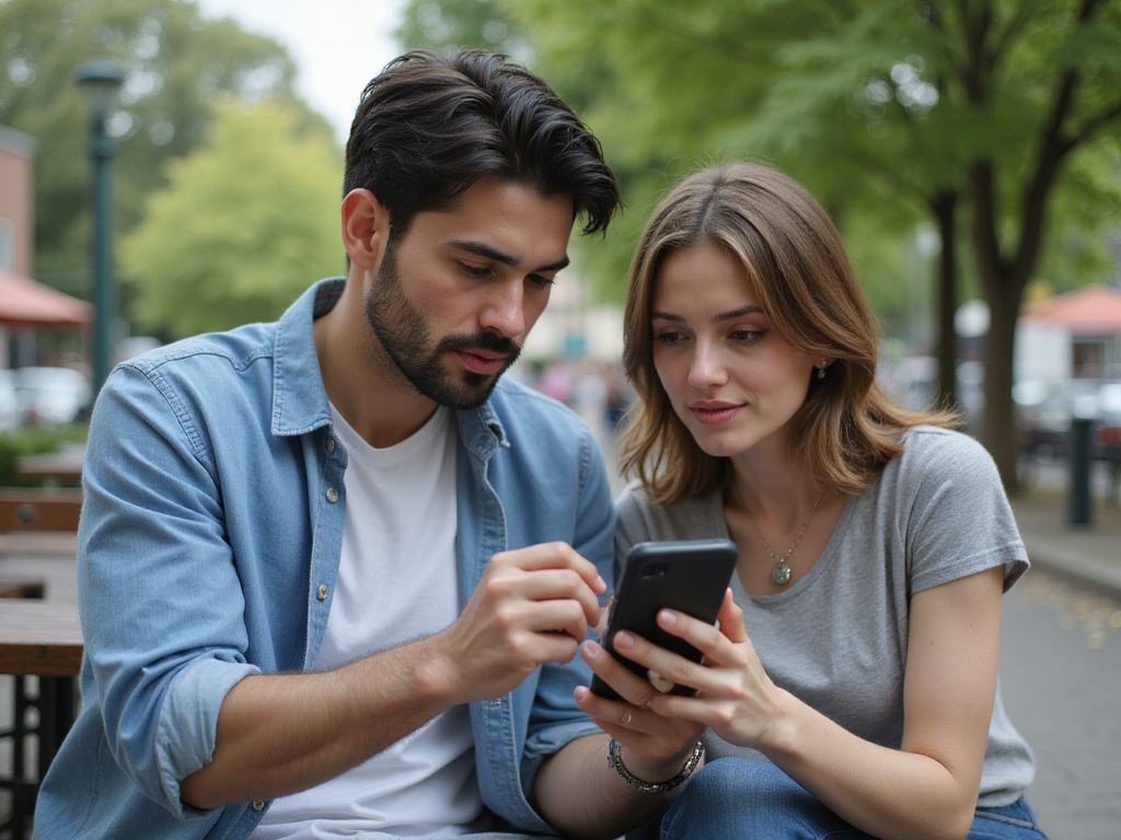 Man and woman exploring כיצד שולחים מיקום בוואטסאפ feature on smartphone