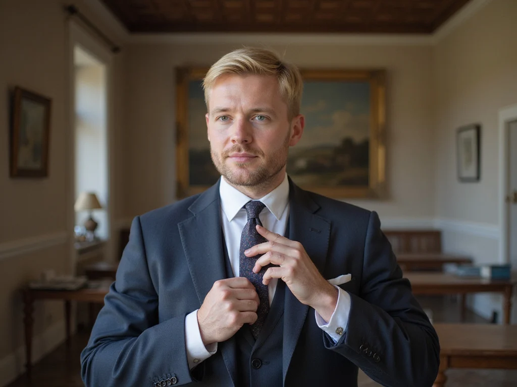 Adult male learning איך קושרים עניבה in a formal western setting