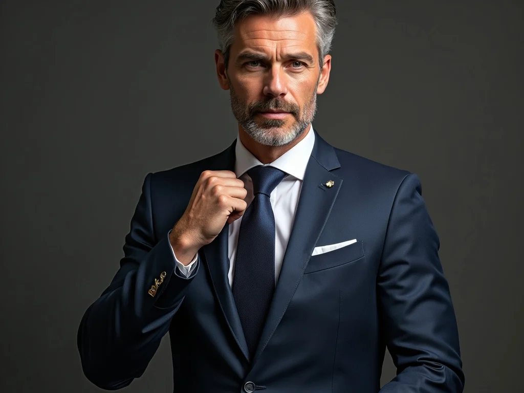 Mature professional demonstrating איך קושרים עניבה with elegant suit and tie clip