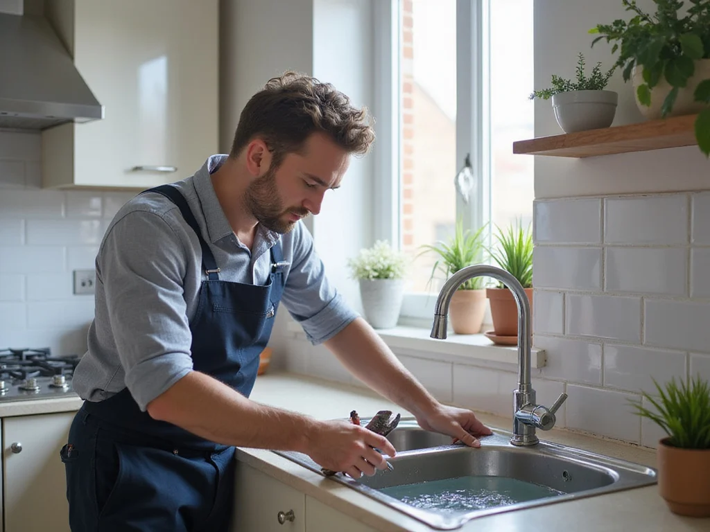 Person trying to fix clogged sink with tools in modern kitchen