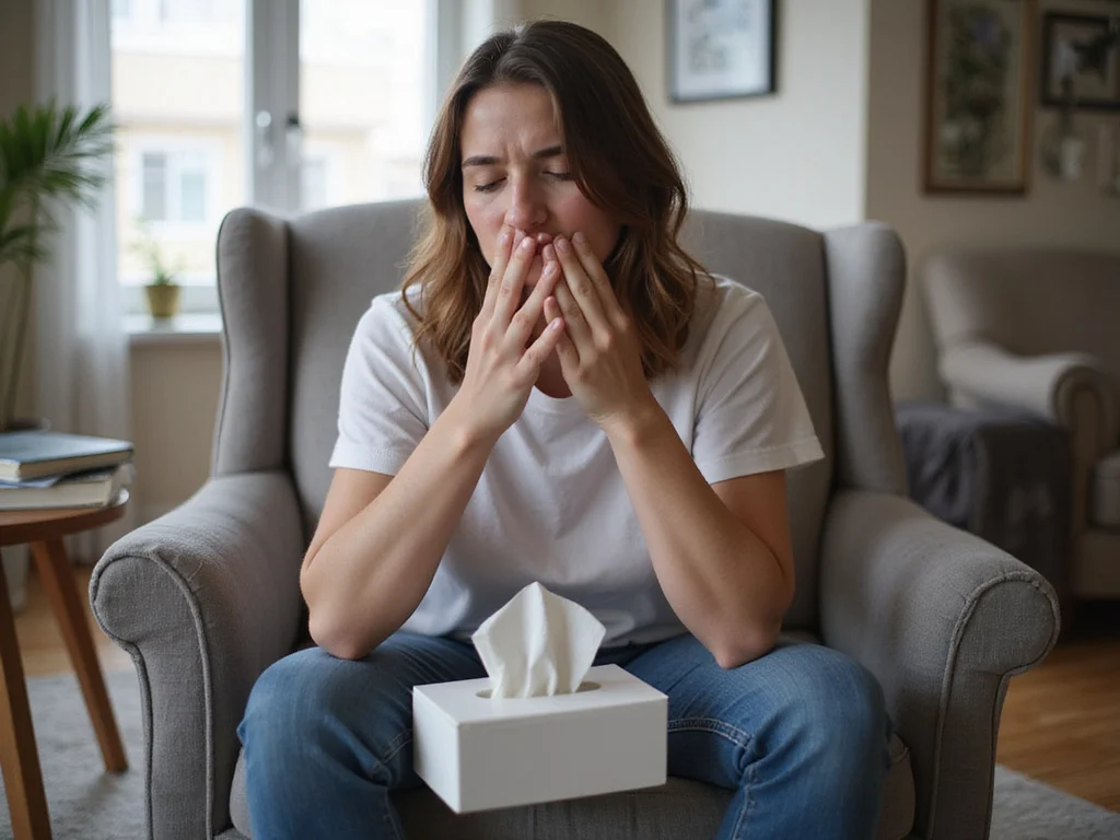 Person using nasal spray for blocked nose in cozy living room