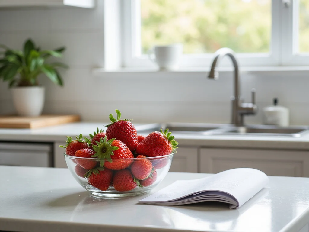 Freshly washed strawberries on a clean kitchen counter