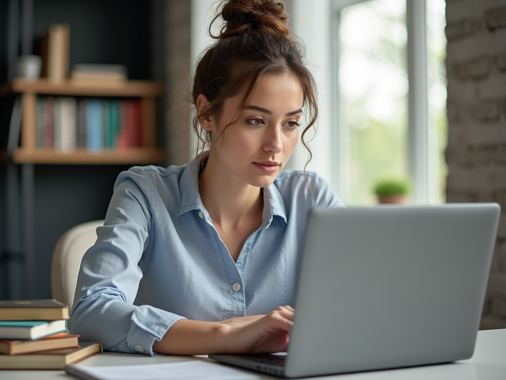 Woman researching כיצד כותבים ביבליוגרפיה on laptop at modern desk