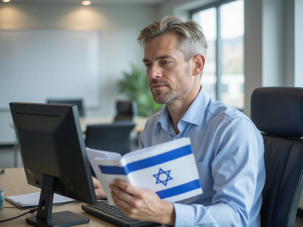 Man at desk researching check registration system in Israel.