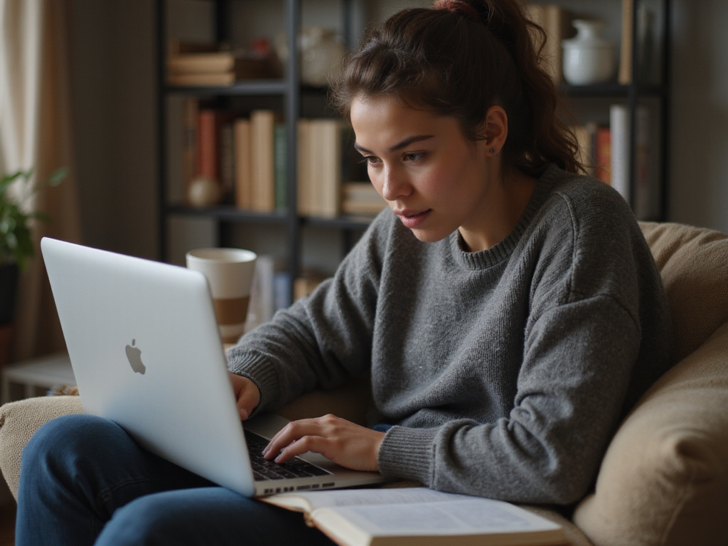 Young adult engrossed in writing a story on a laptop at home