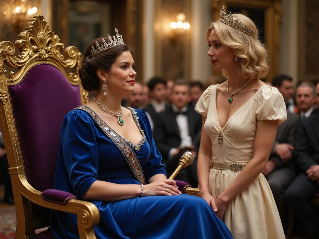 Ruling queen and queen consort engaging in respectful discussion
