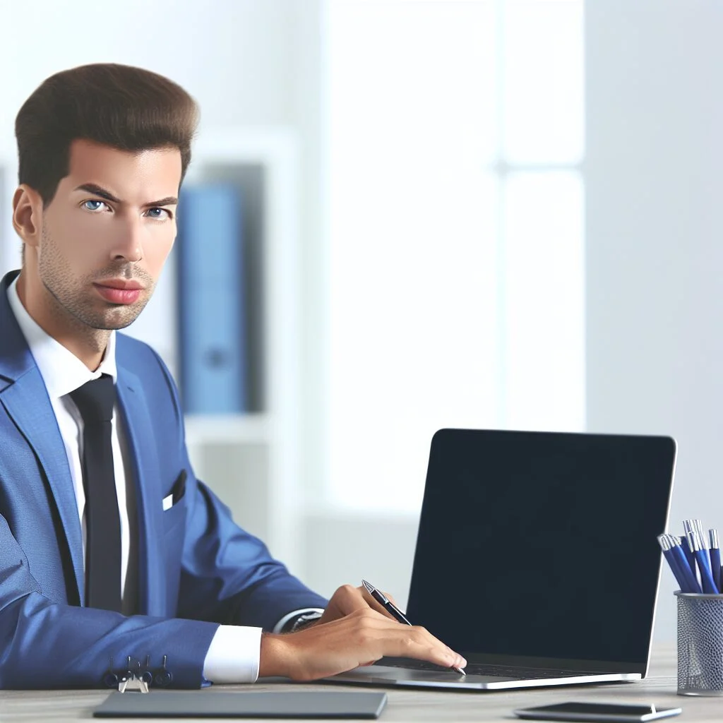 Man drafting איך כותבים מכתב התפטרות on laptop in professional setting