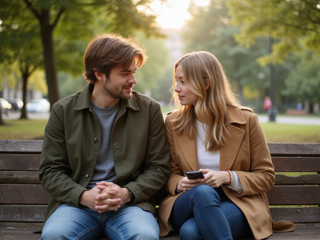 Young adults deepening their regular relationship into intense friendship in park