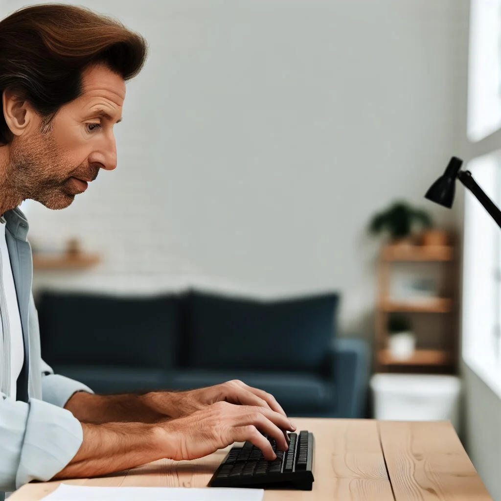 Adult typing in an office, focused on how to write Mbappé in English.