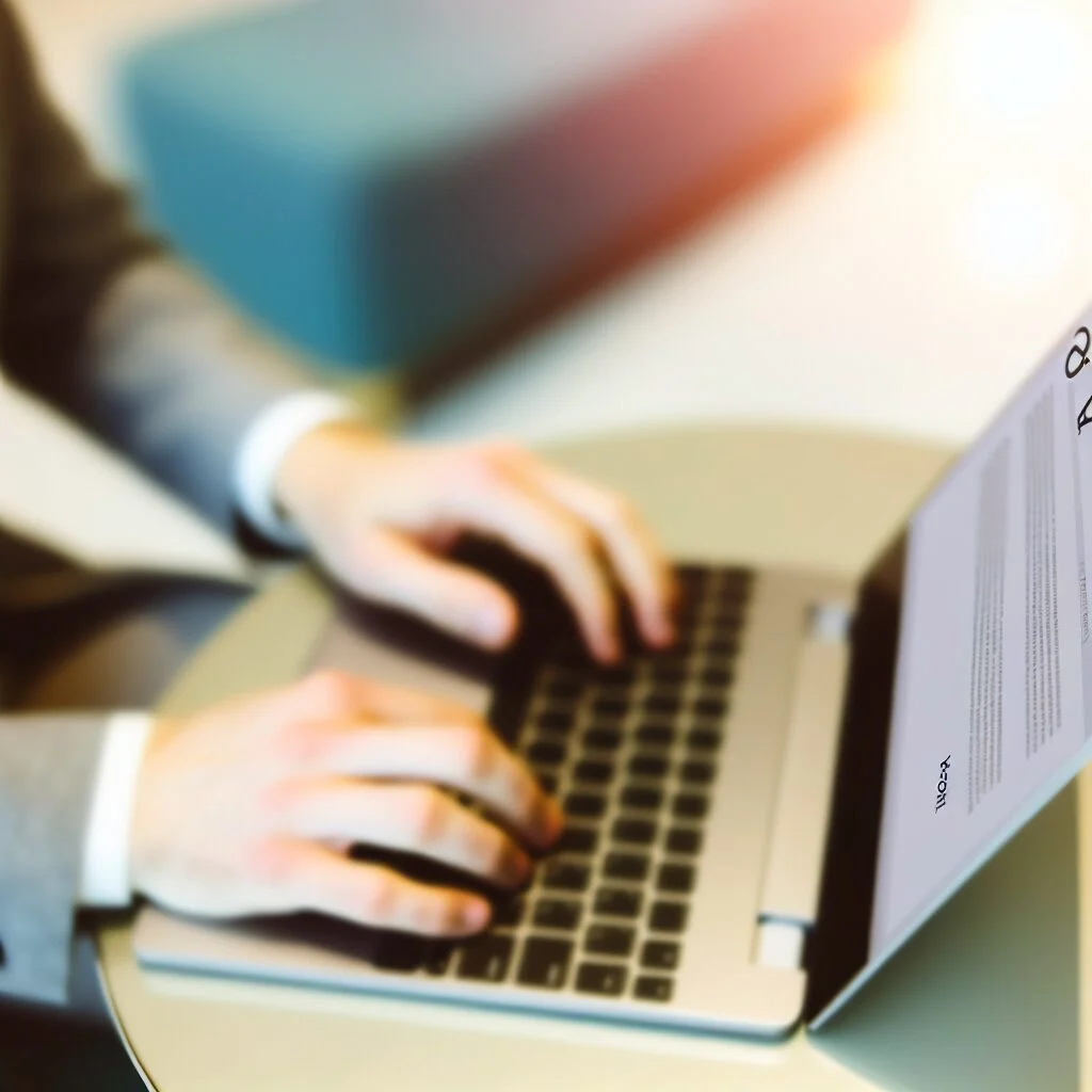 Adult typing on laptop at bright professional workspace displaying איך זוהר ארגוב מת Q&A webpage
