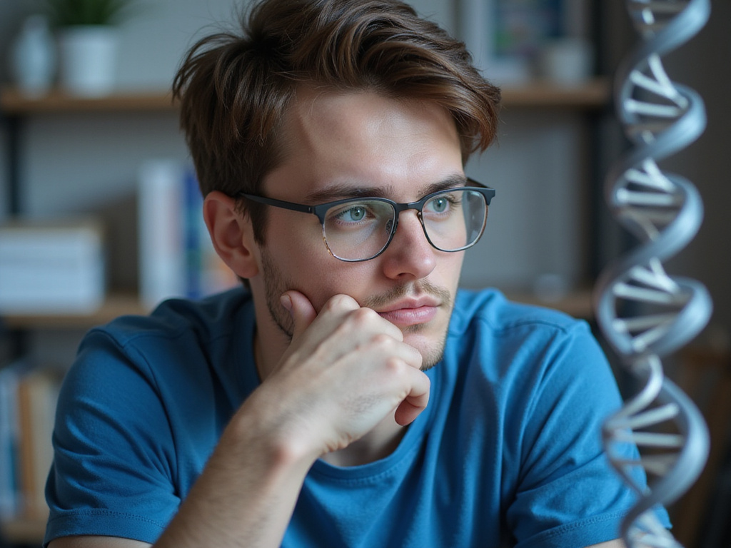 Young adult studying human chromosomes, DNA model in academic setting