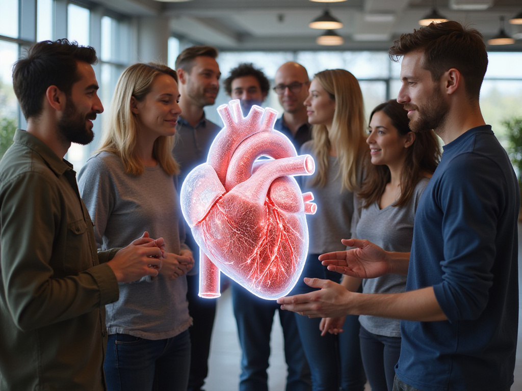 Diverse group learning about human heart structure with 3D model