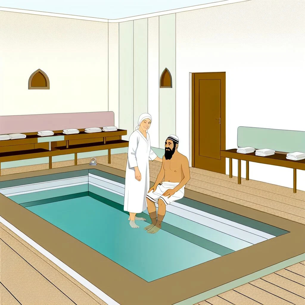 Instructor guiding an adult on how to properly use a mikvah