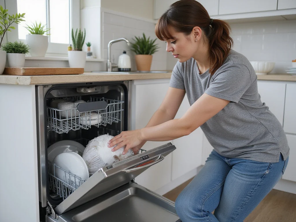 Woman adding dishwasher salt to sleek modern dishwasher in contemporary kitchen