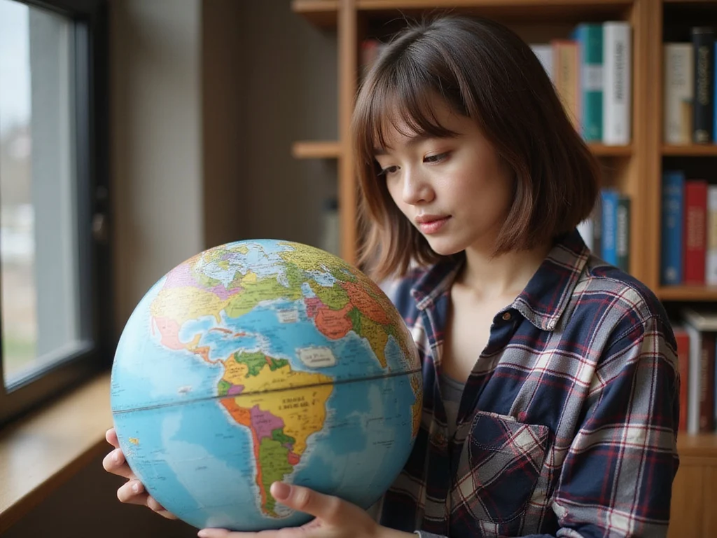 Person studying globe focused on Israel and US for international driving license