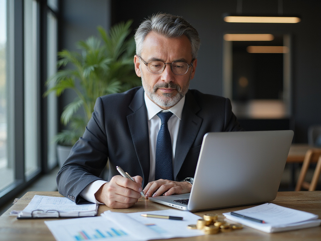 מקצועי משקיע בזהב מחקר במחשב במשרד מודרני