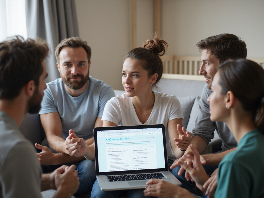 Group discussing iron tips for babies on laptop in living room