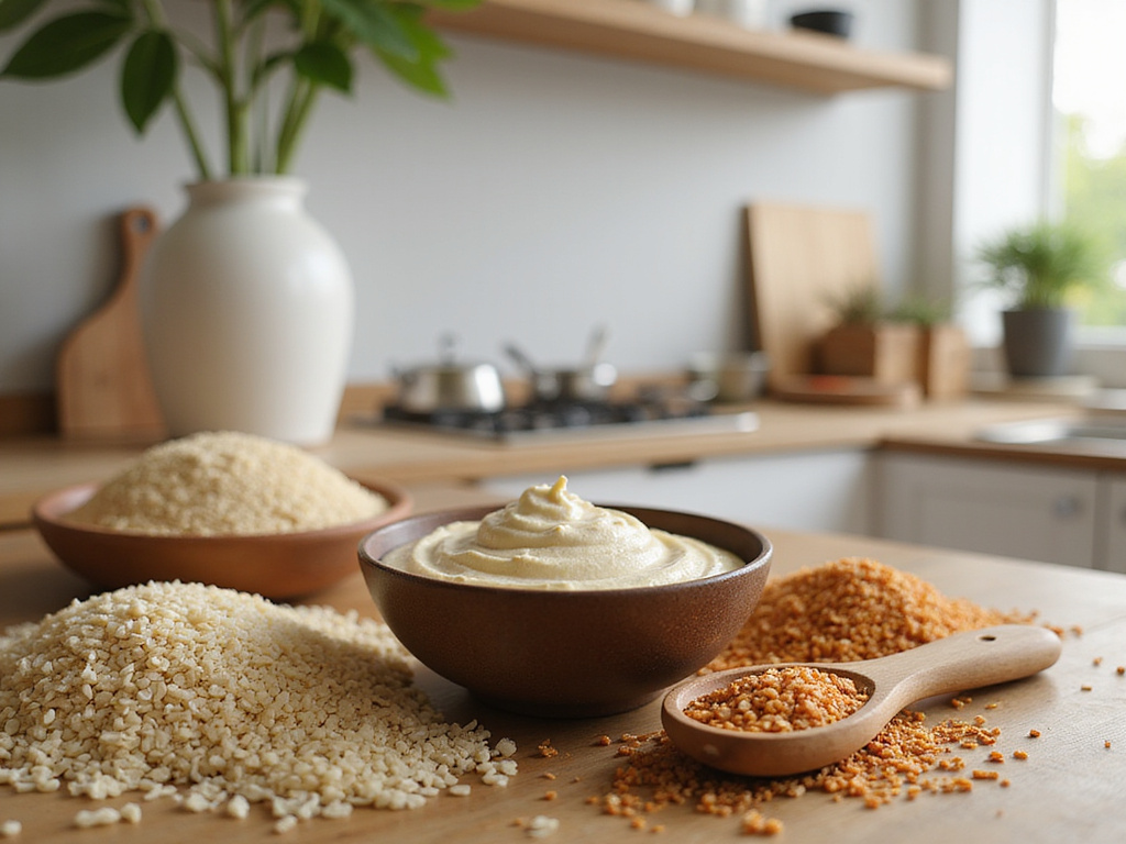 Bowl of tahini with gluten-free grains in a modern kitchen