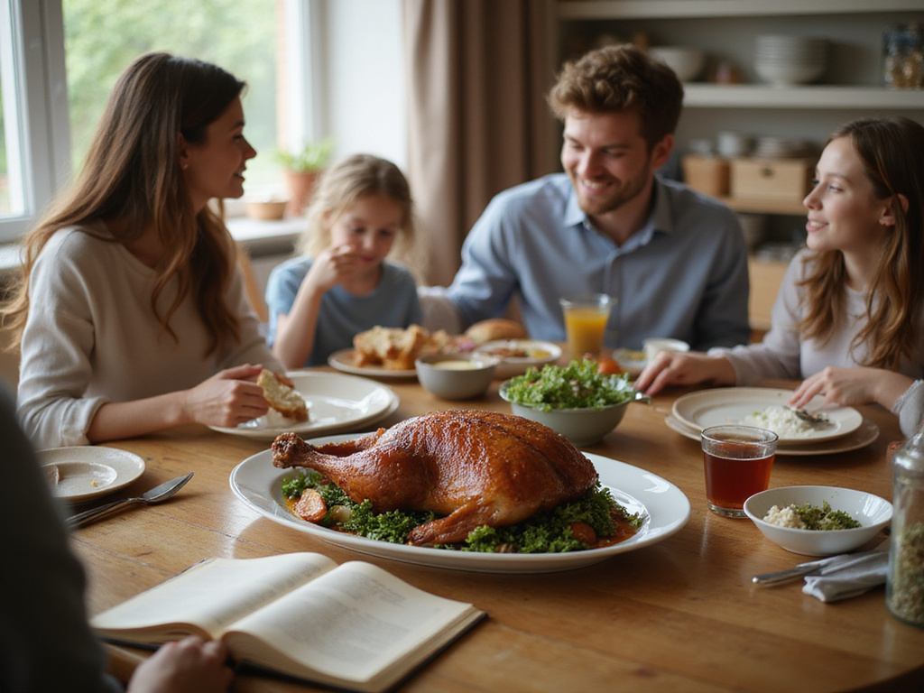 Family discussing kosher status of roasted duck at dinner