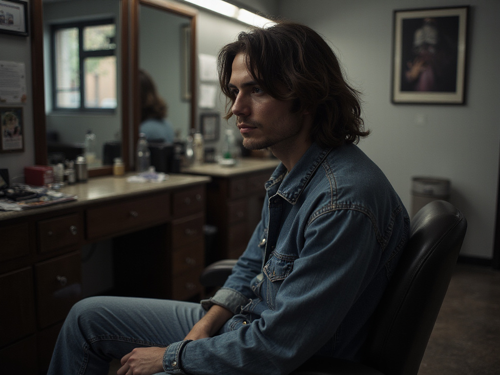 Individual contemplating haircut in urban barbershop