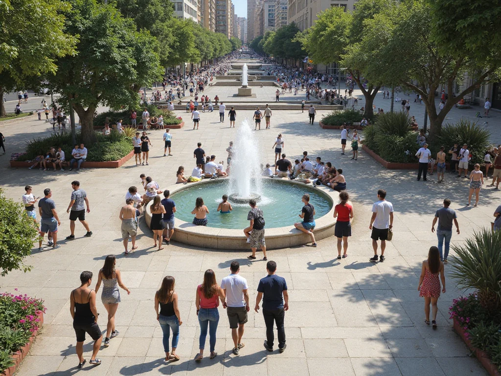 Busy Habima Square scene with diverse people and central fountain
