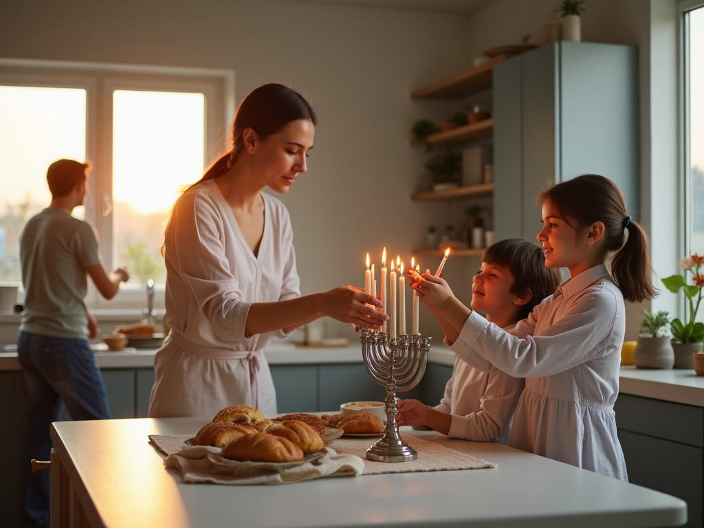 Family preparing Shabbat candles and challah bread in a kitchen