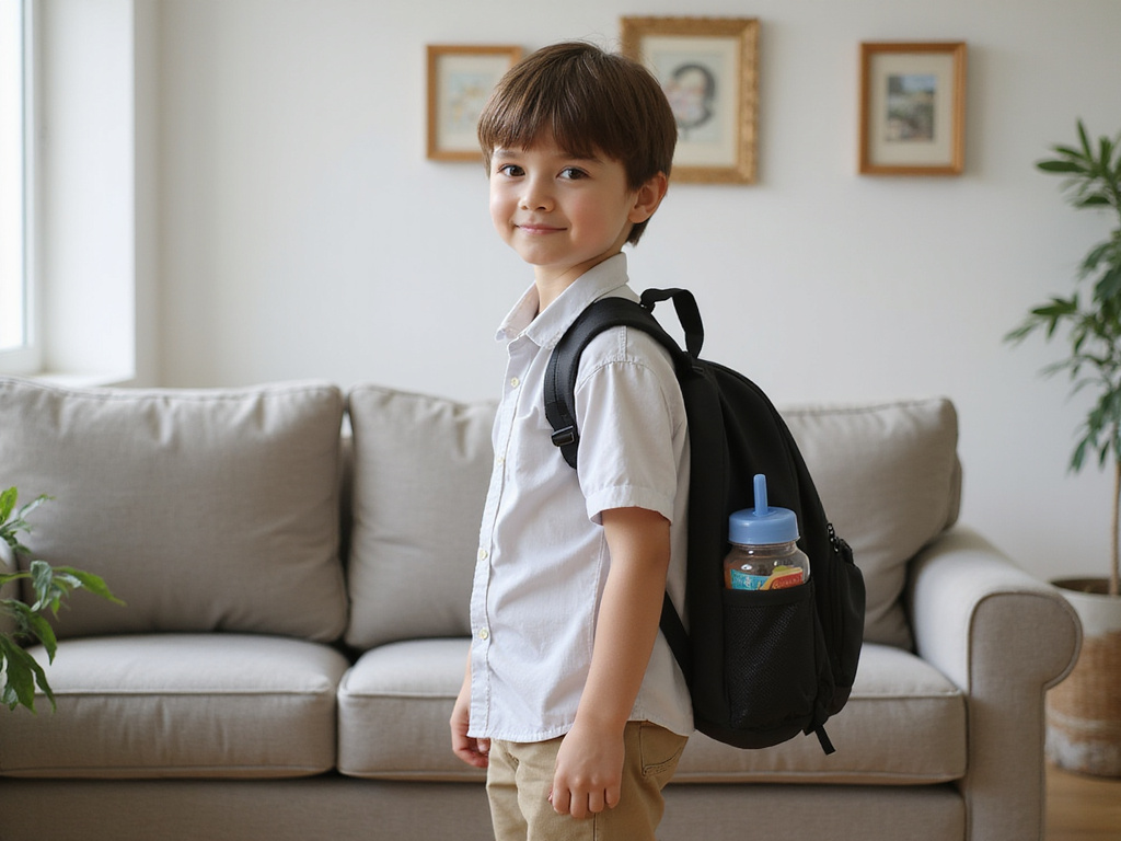 First-grade student trying on new lightweight school backpack