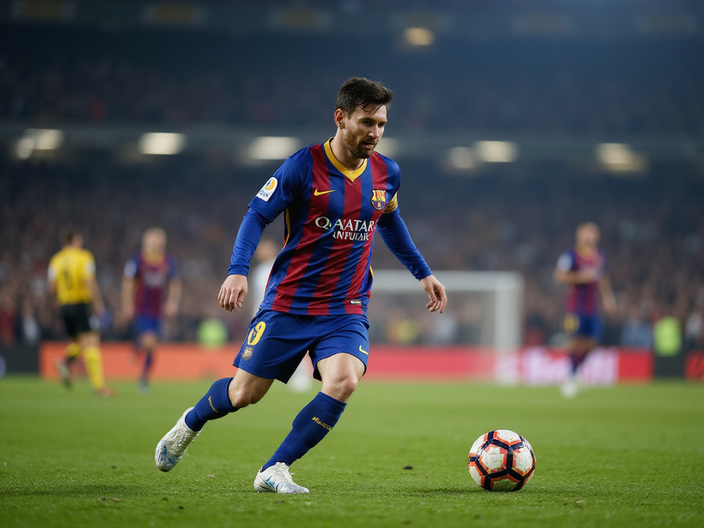 Lionel Messi kicking soccer ball in Barcelona jersey