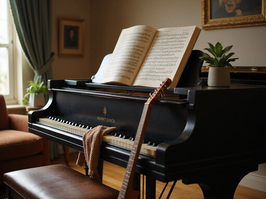 Grand piano and guitar in cosy living room איפה טעינו אקורדים setting