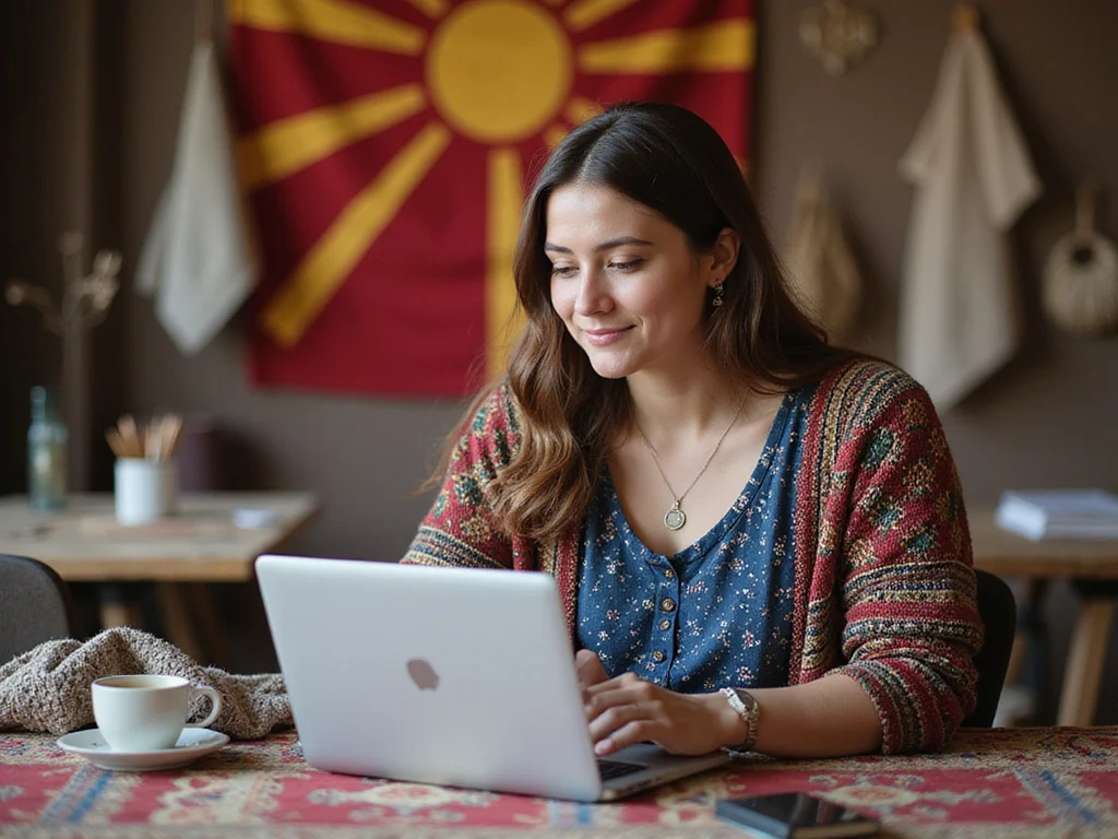 Brunette researching about Macedonia for Balkan adventure on laptop