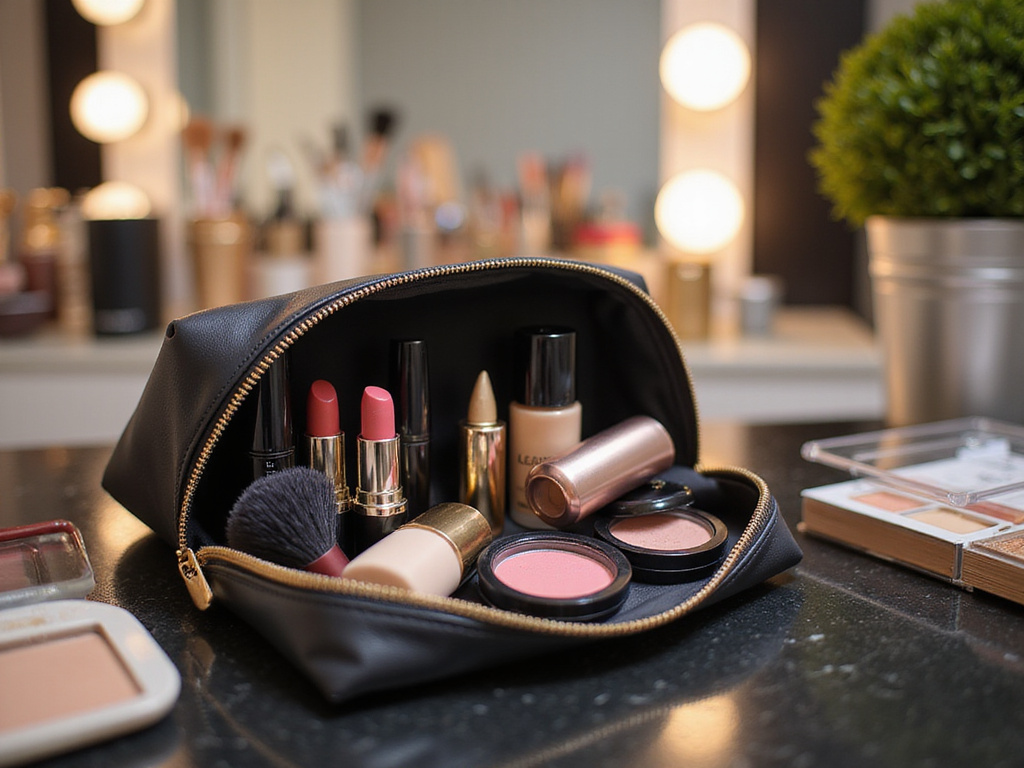 Organized makeup bag with diverse products in elegant dressing room.