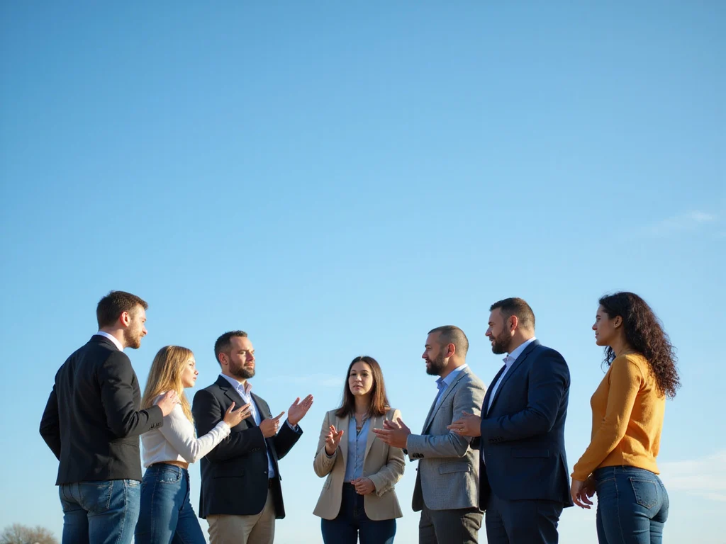Diverse group discussing למה השמיים כחולים outdoors under blue sky