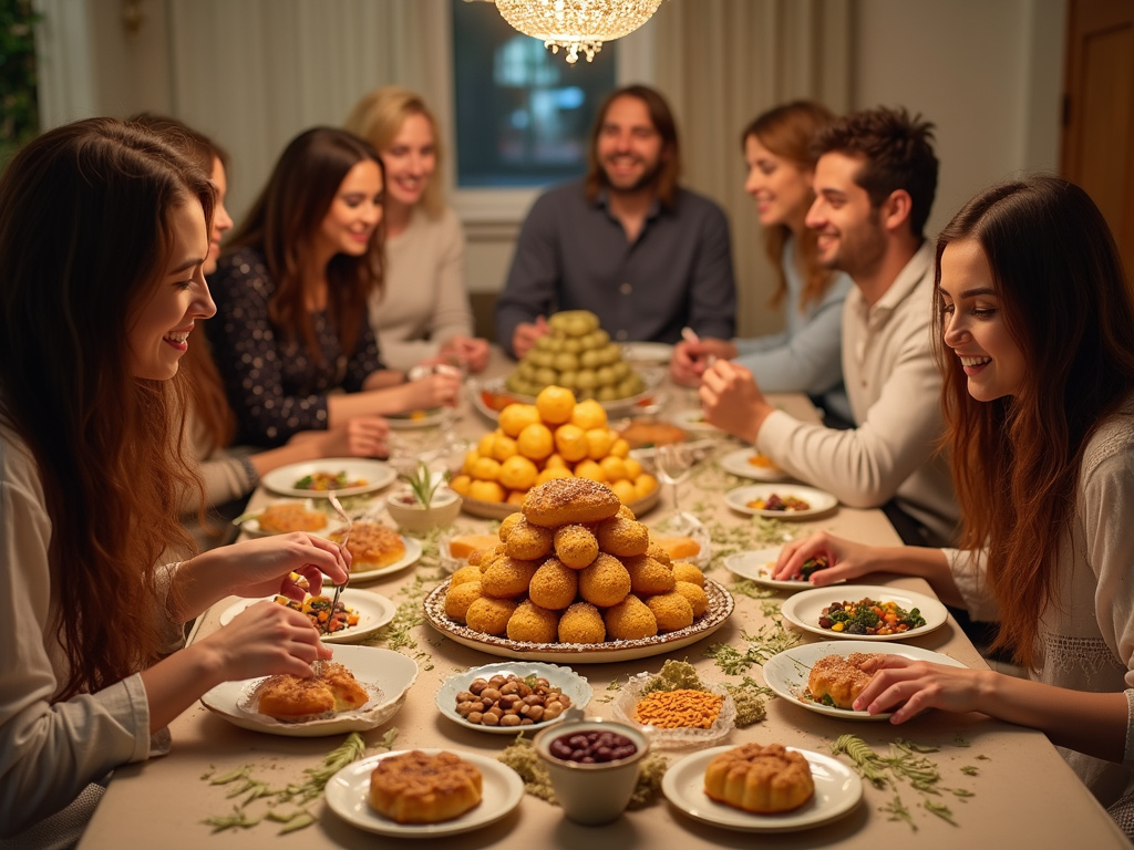 Mimouna celebration 2025 with Moroccan-Jewish pastries and happy people