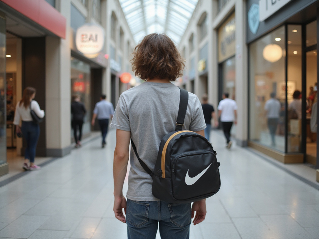 Casual person with a noticeable תיק נייק in a shopping district
