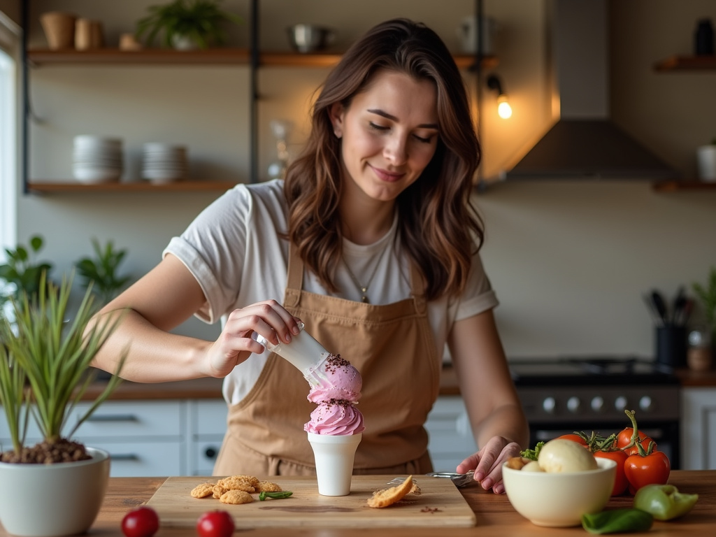 Adult preparing ninja-themed ice cream in modern kitchen