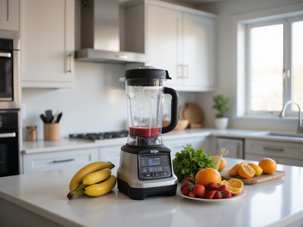 Modern kitchen with a Ninja Blender preparing fruit smoothie